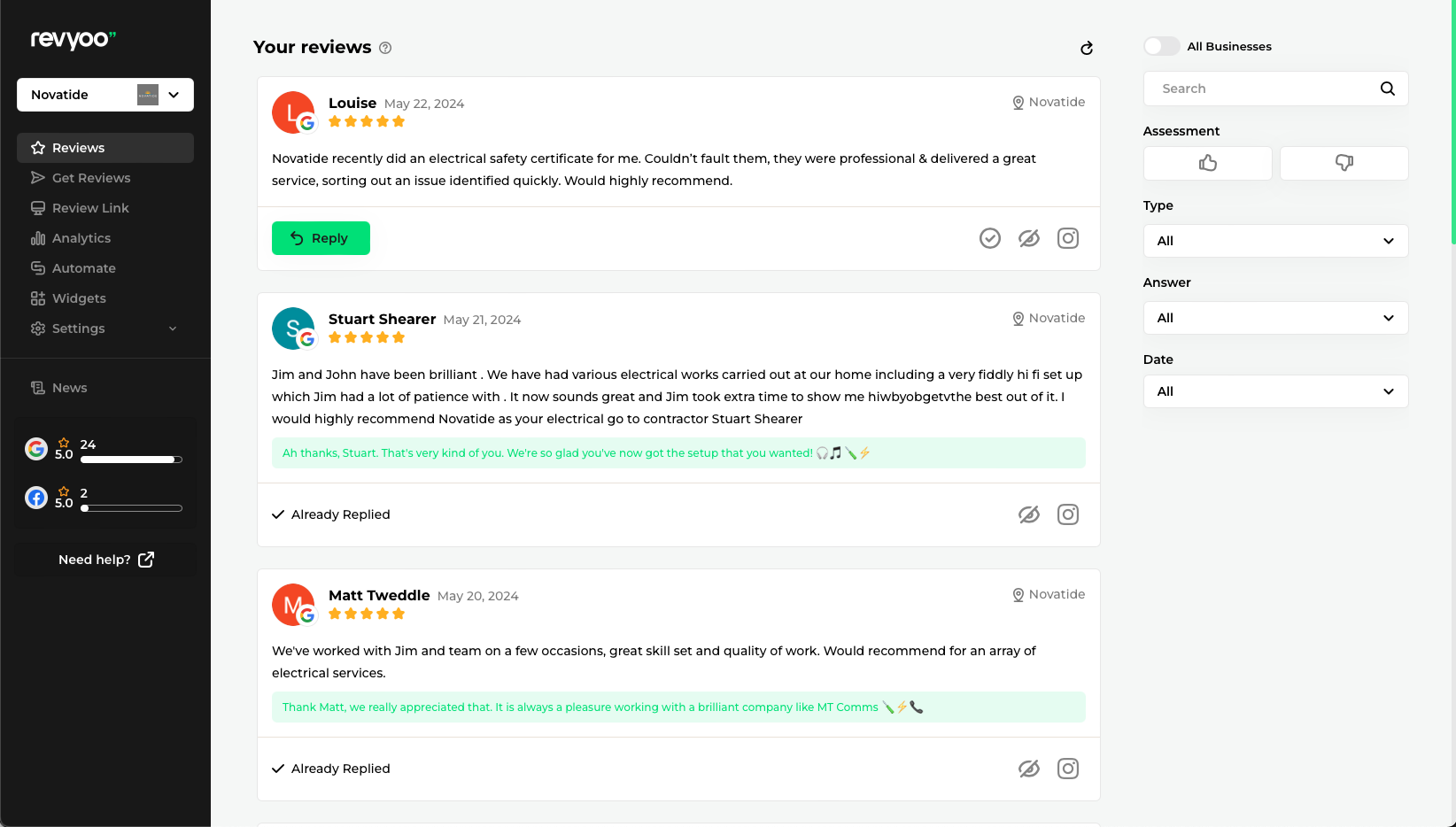 Dashboard for Reviews
