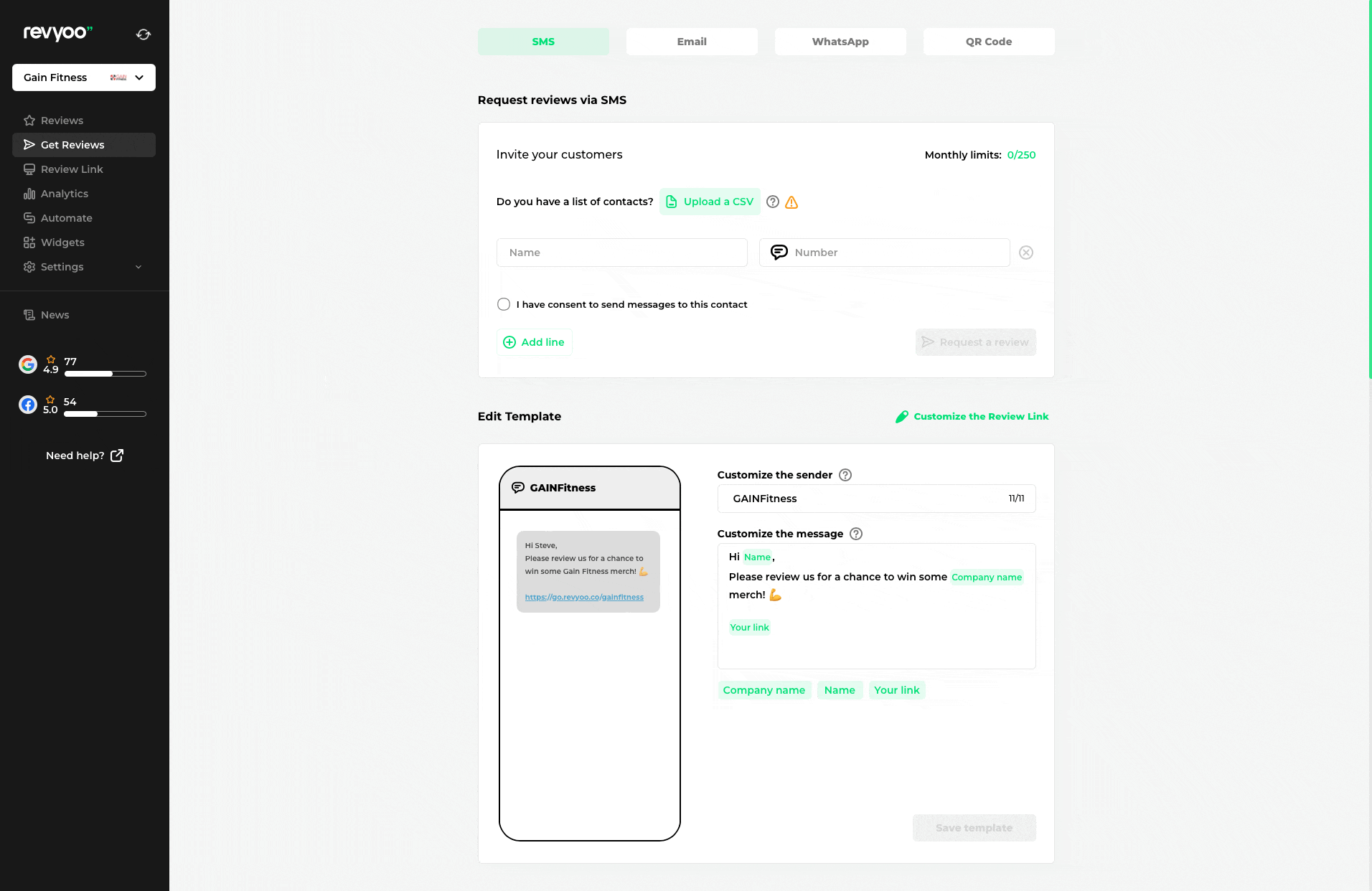 Get Reviews sending options