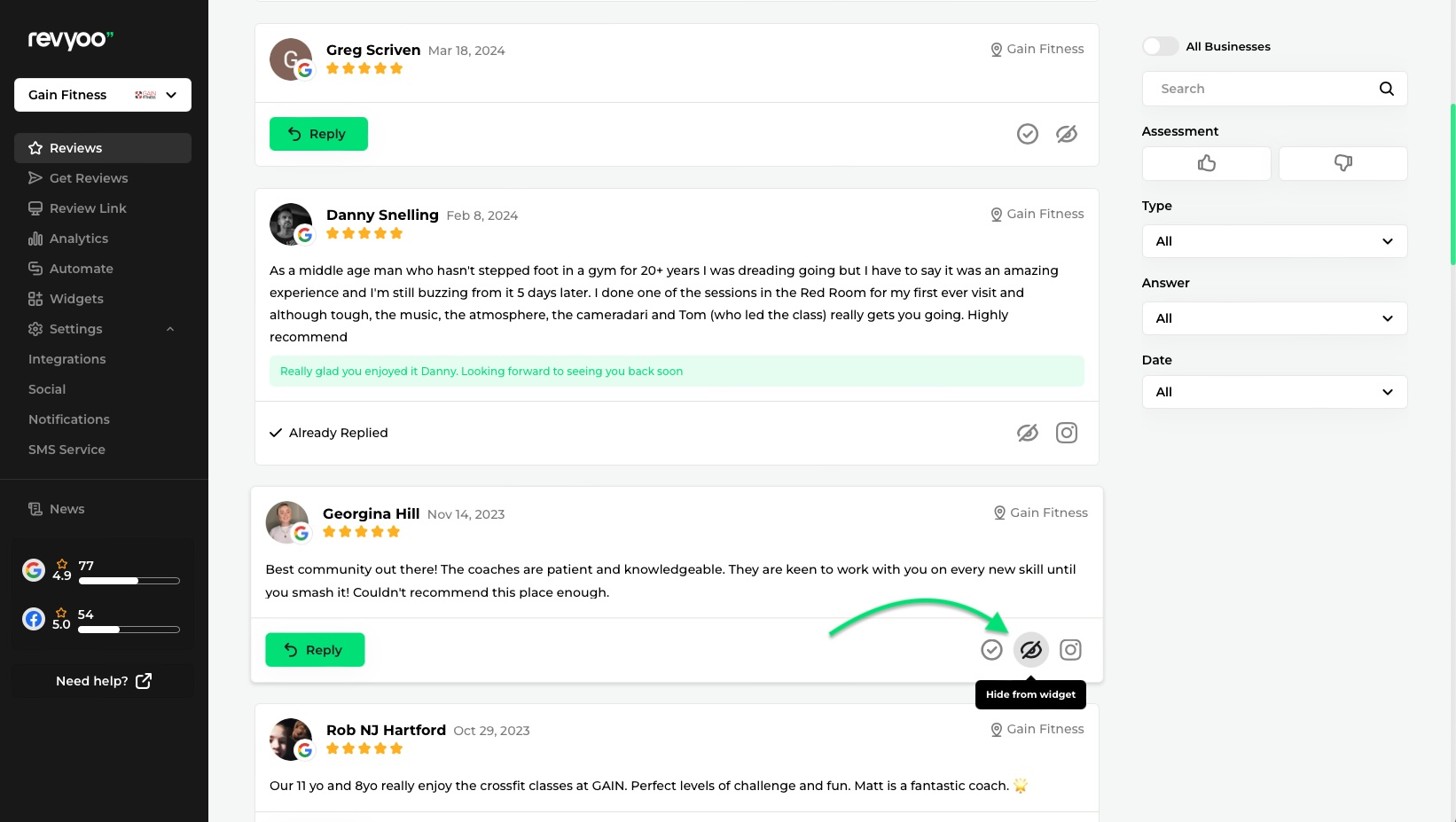 Hide review from website widget