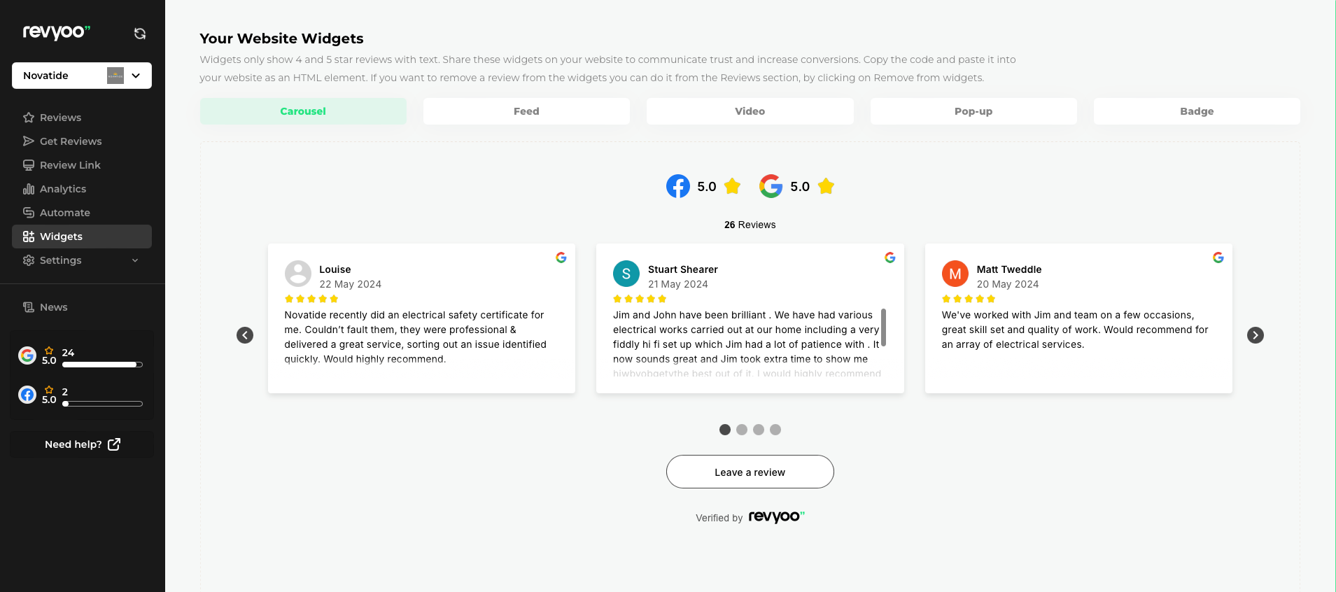 Review Carousel Website Widget
